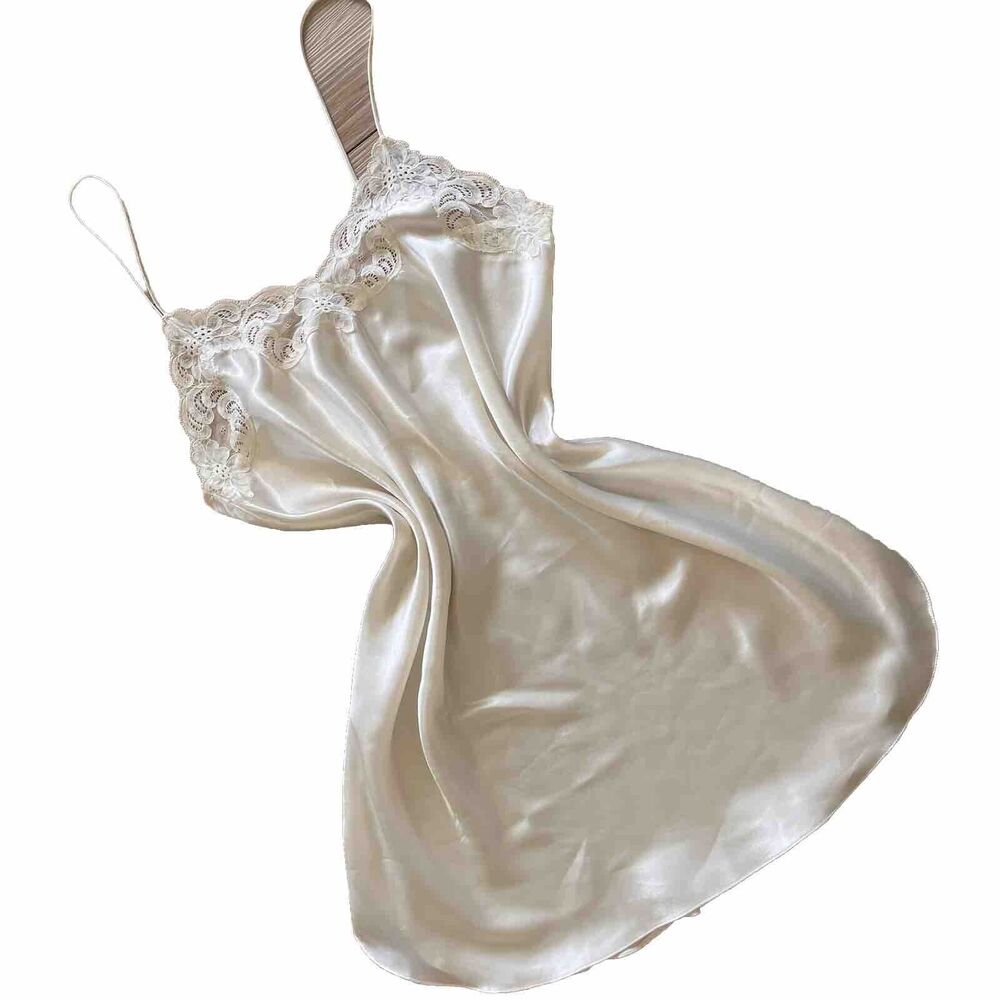 Vintage Cream Ivory Lace Satin Mini Slip Dress Negligee LAURA ADAMS Size L